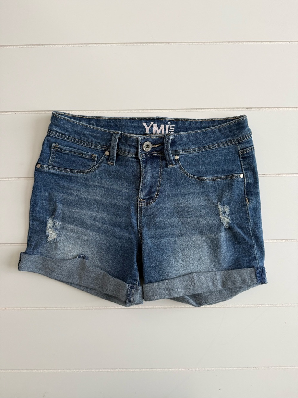YMI Girls Blue Distressed Roll-Cuff Denim Shorts